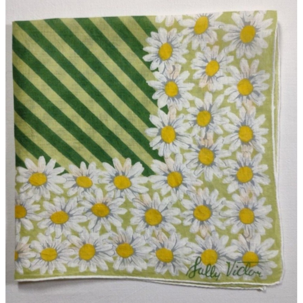 Vtg Designer Hankie 15 X 14.75" Sally Victor Daisy Green Stripes Novelty MCM